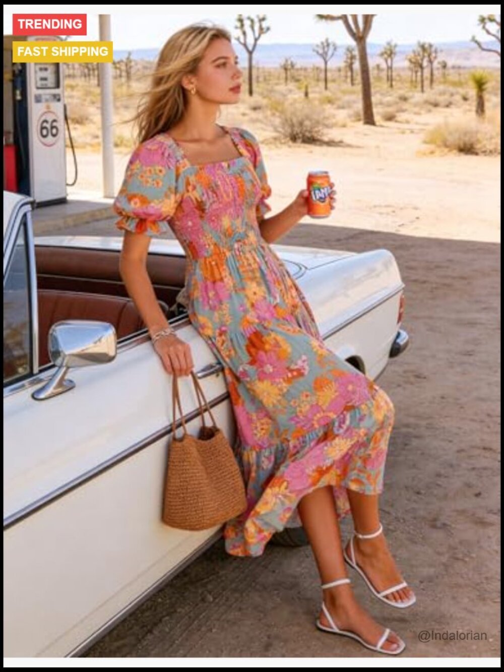 Boho Floral Print Square Neck Ruffle Swing Beach Maxi Dress - Picture 6 of 7
